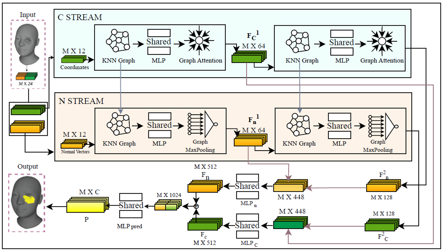 TSGCNet two-stream architecture diagram: coordinate stream and normal stream, each with KNN graph, shared MLP, and graph attention/max-pooling layers, fused into a final per-triangle class prediction.